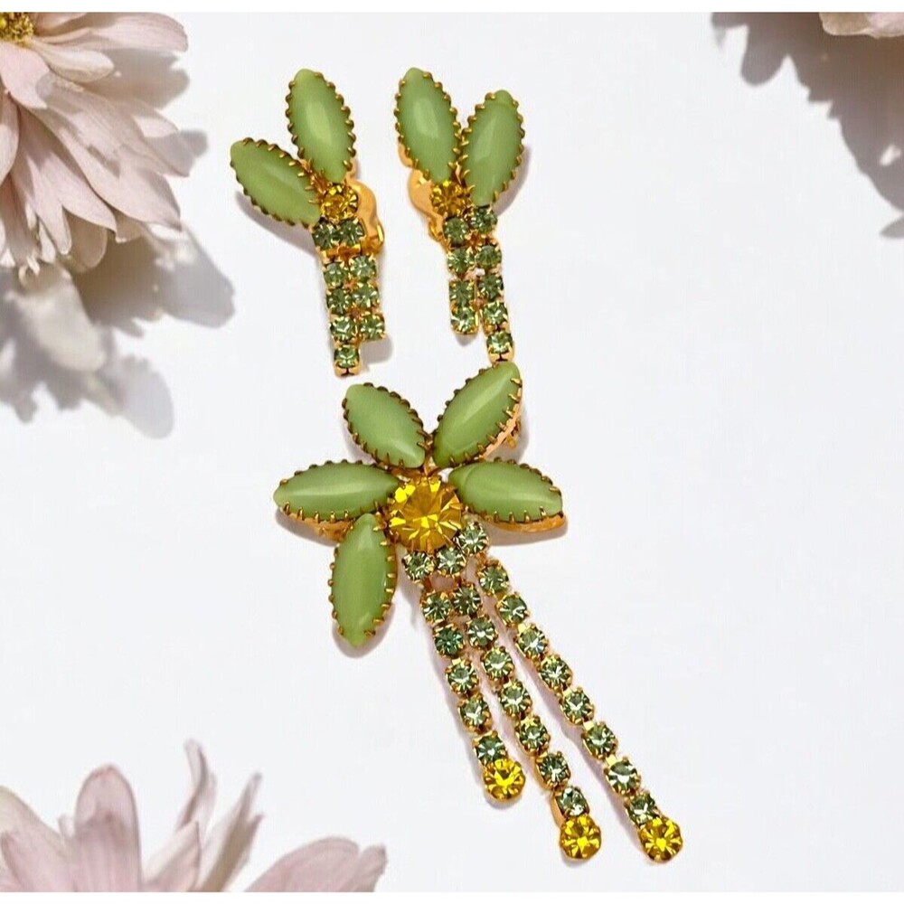 Vintage Brooch & Earring Set Rhinestones Green Yellow Demi-Parure Mcm 9v View 4